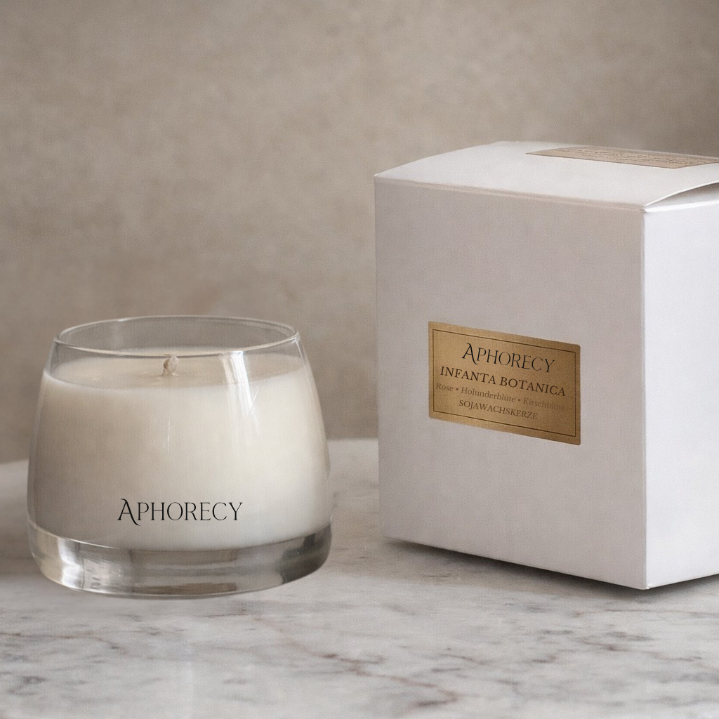Aphorecy Infanta Botanica Luxus-Sojakerze im Glas neben hochwertiger weißer Geschenkverpackung auf Marmor.